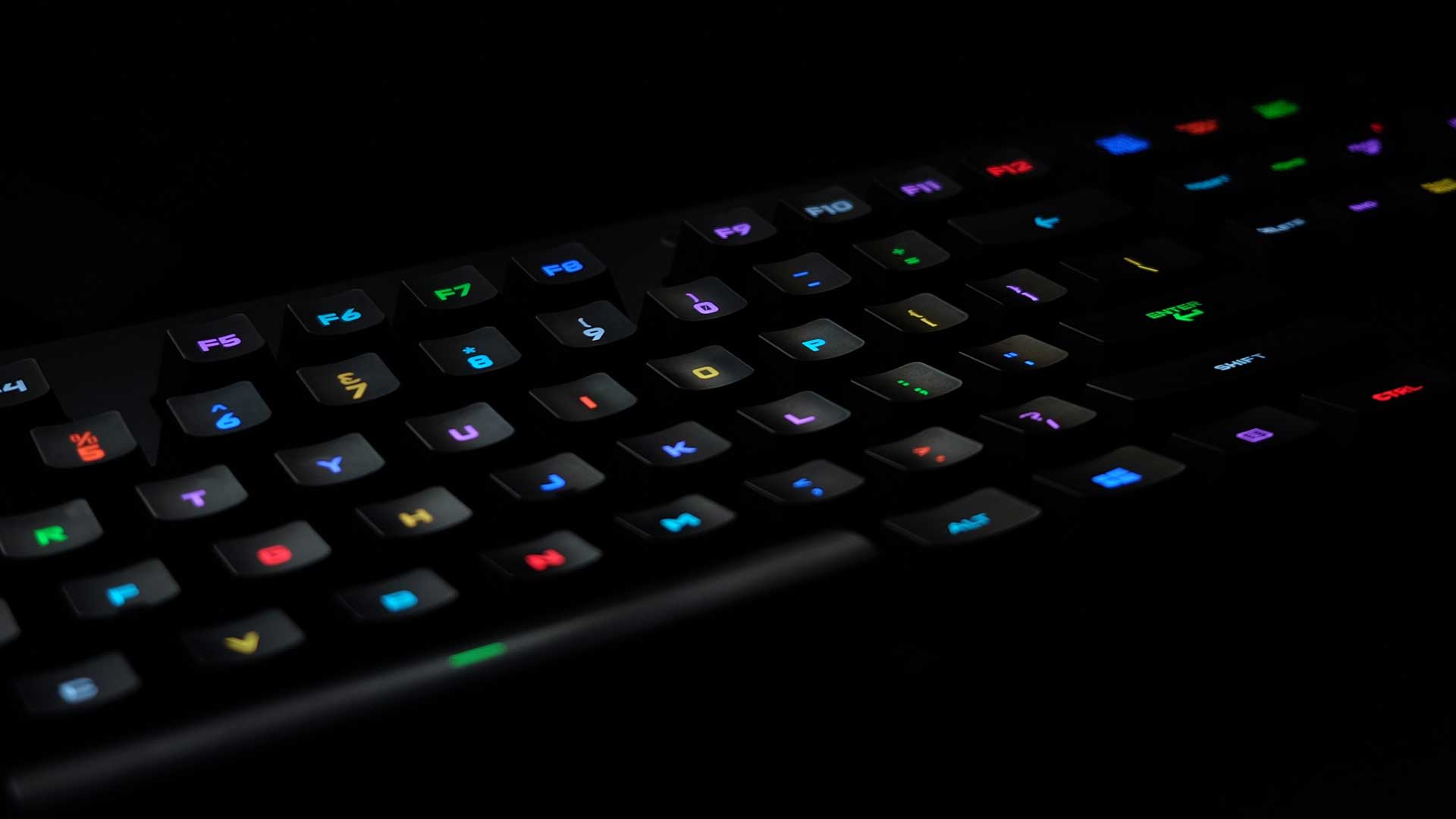 A gaming keyboard with illuminated keys.