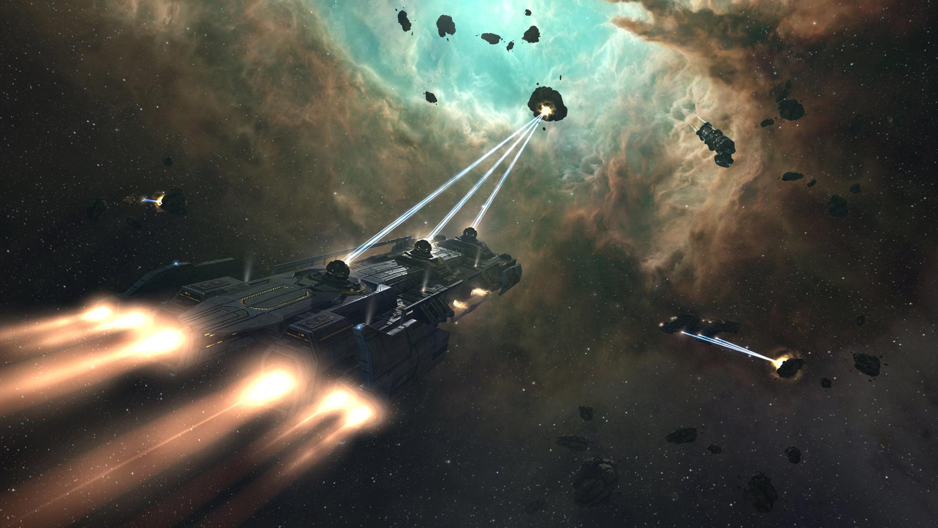 A ship mining in space from EVE Online